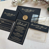 Stunning Acrylic Wedding Invitation Set with RSVP, featuring Gold Foil Accents. Personalized Kit including Gold Foil Details