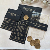 Stunning Acrylic Wedding Invitation Set with RSVP, featuring Gold Foil Accents. Personalized Kit including Gold Foil Details