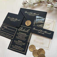 Stunning Acrylic Wedding Invitation Set with RSVP, featuring Gold Foil Accents. Personalized Kit including Gold Foil Details