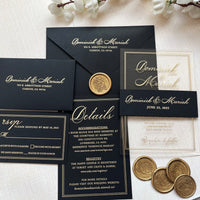 Stunning Acrylic Wedding Invitation Set with RSVP, featuring Gold Foil Accents. Personalized Kit including Gold Foil Details