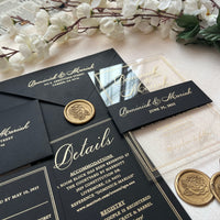 Stunning Acrylic Wedding Invitation Set with RSVP, featuring Gold Foil Accents. Personalized Kit including Gold Foil Details