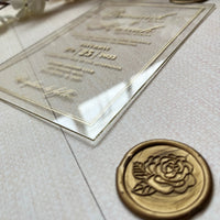 Stunning Acrylic Wedding Invitation Set with RSVP, featuring Gold Foil Accents. Personalized Kit including Gold Foil Details