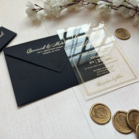 Stunning Acrylic Wedding Invitation Set with RSVP, featuring Gold Foil Accents. Personalized Kit including Gold Foil Details