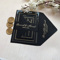 Stunning Acrylic Wedding Invitation Set with RSVP, featuring Gold Foil Accents. Personalized Kit including Gold Foil Details