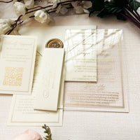 Elegant Acrylic Wedding Invitation, complete with RSVP. Featuring a lavish Gold Foil Wedding Invite, this Personalized Wedding Invitation Kit also includes delicate Rose Gold and Silver Foil details for a touch of opulence