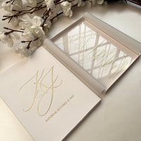 Luxury Unique Boxed Wedding Invitation, Elegant Acrylic invitation, Real Gold Foil, Calligraphy