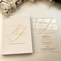 Luxury Unique Boxed Wedding Invitation, Elegant Acrylic invitation, Real Gold Foil, Calligraphy