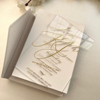 Luxury Unique Boxed Wedding Invitation, Elegant Acrylic invitation, Real Gold Foil, Calligraphy