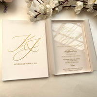 Luxury Unique Boxed Wedding Invitation, Elegant Acrylic invitation, Real Gold Foil, Calligraphy