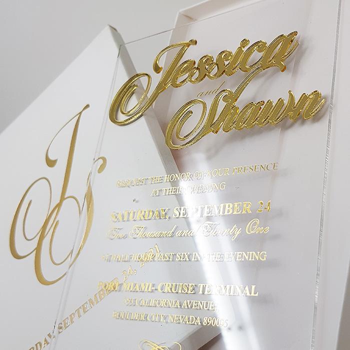  Clear Acrylic Wedding Invitation with Gold Foil. Luxury Vellum  Invite, Black or White Cardstock with Rose Gold, Silver or Holographic Foil  - Set of 10 : Handmade Products