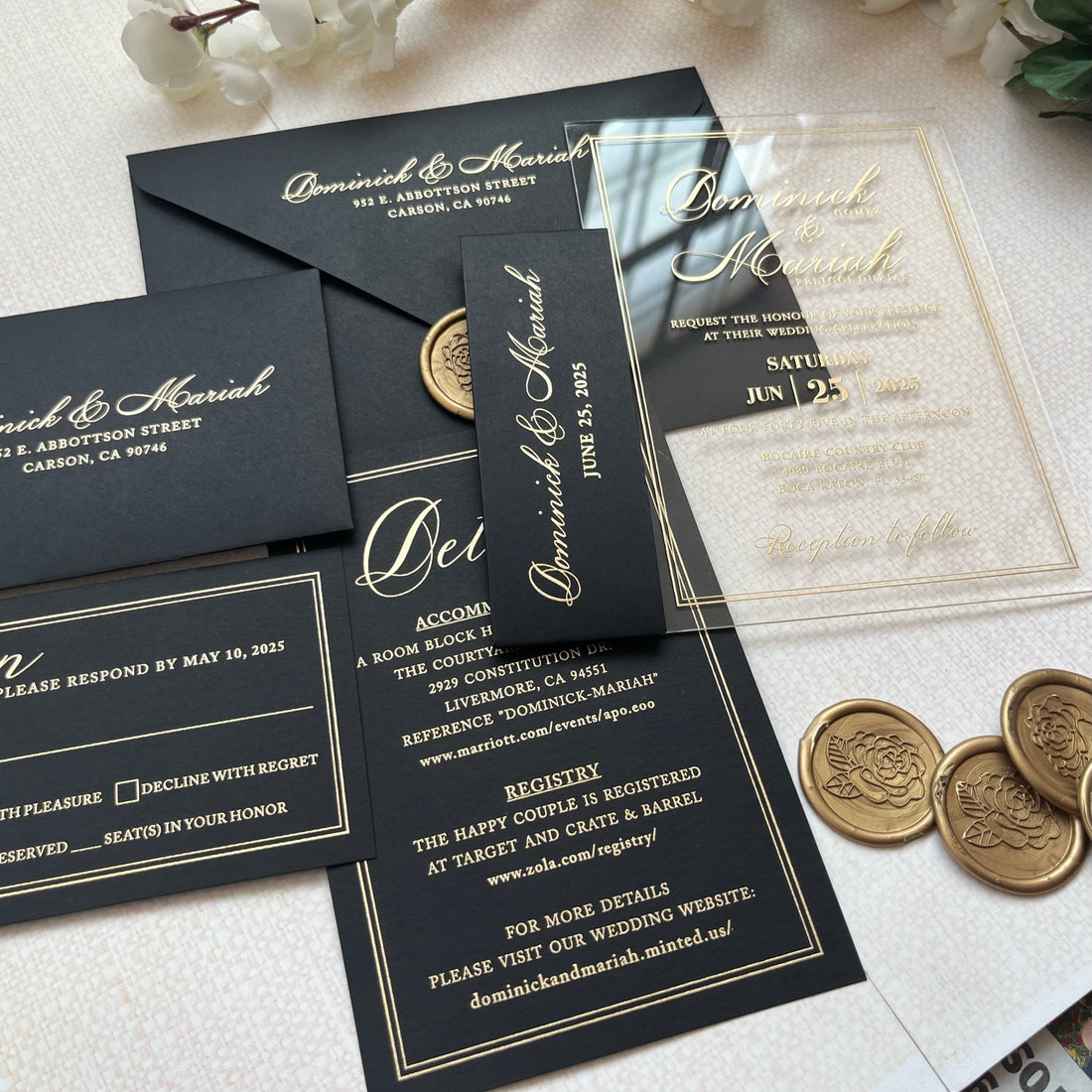 Stunning Acrylic Wedding Invitation Set with RSVP, featuring Gold Foil Accents. Personalized Kit including Gold Foil Details