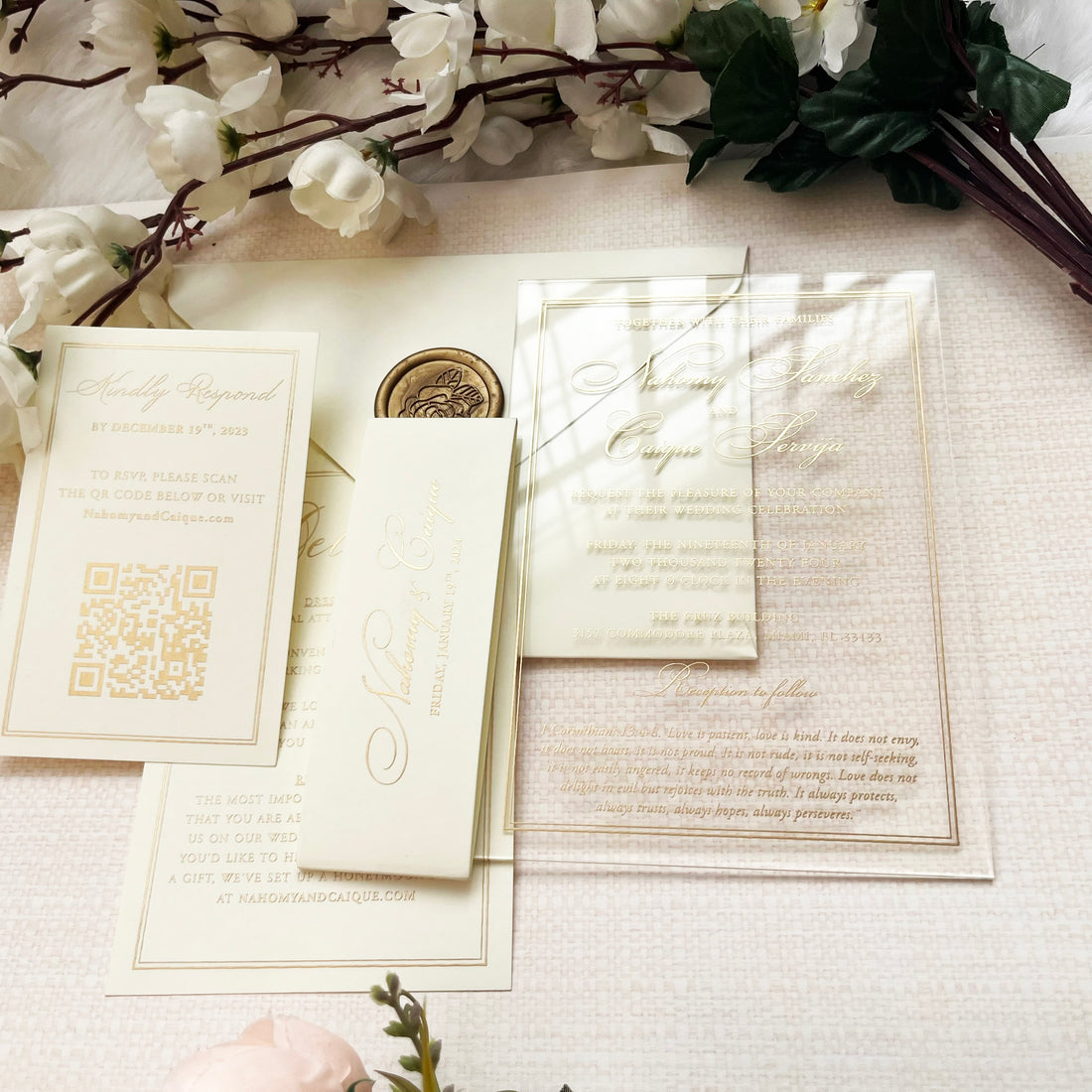 Elegant Acrylic Wedding Invitation, complete with RSVP. Featuring a lavish Gold Foil Wedding Invite, this Personalized Wedding Invitation Kit also includes delicate Rose Gold and Silver Foil details for a touch of opulence