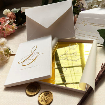 Gold Mirror Wedding Invitations, Wedding Invitation Boxed Design, Minimal Wedding Invite, Wedding Invitation Suite, Sophisticated