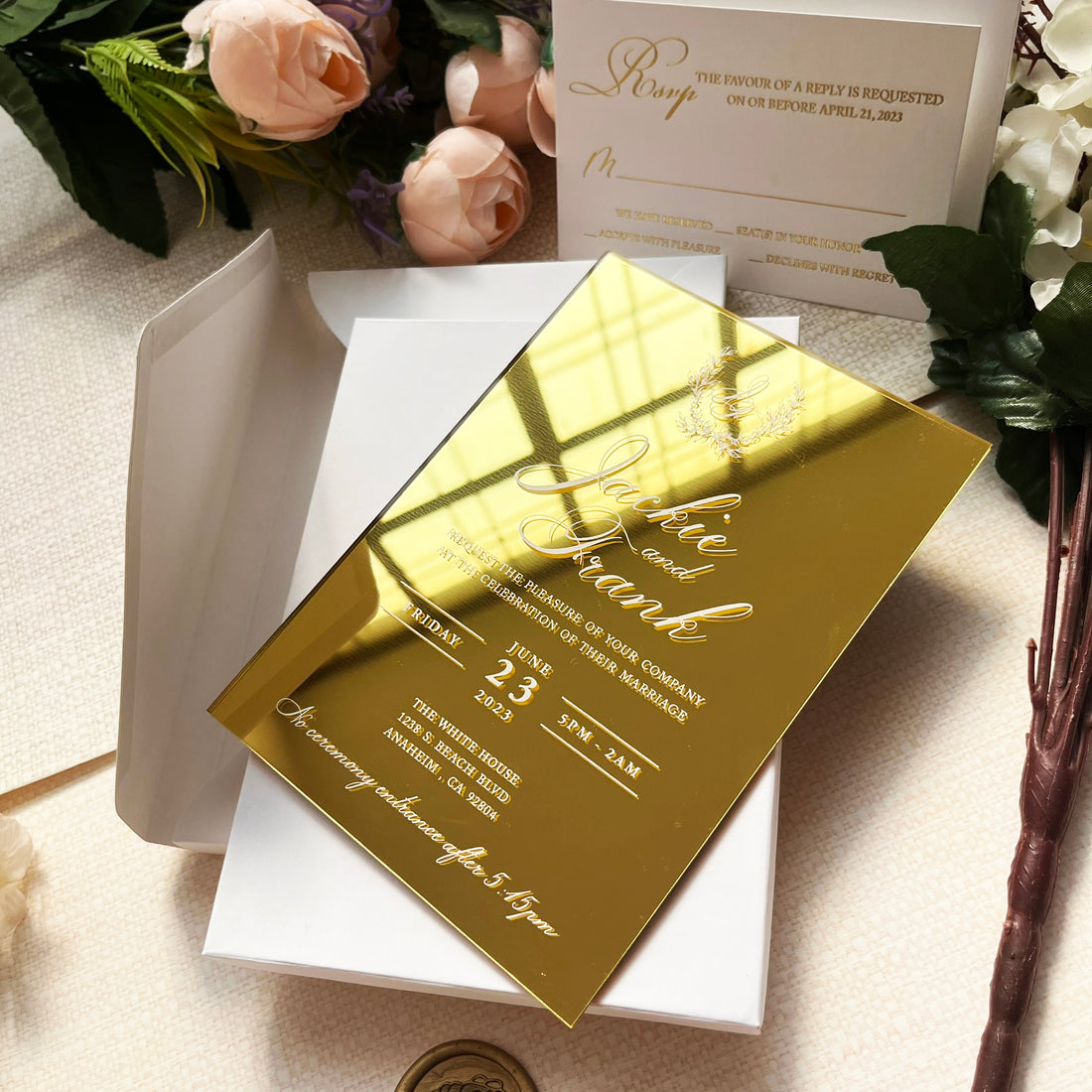 Gold Mirror Wedding Invitations, Wedding Invitation Boxed Design, Minimal Wedding Invite, Wedding Invitation Suite, Sophisticated