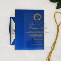 Luxury Clear and Gold Wedding Invitation with Blue Envelopes