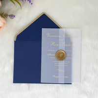 Custom Clear Acrylic Wedding Invitation with Navy Envelopes, Wrapped in Vellum Paper with a Vintage Gold Wax seal, Wedding Invitations