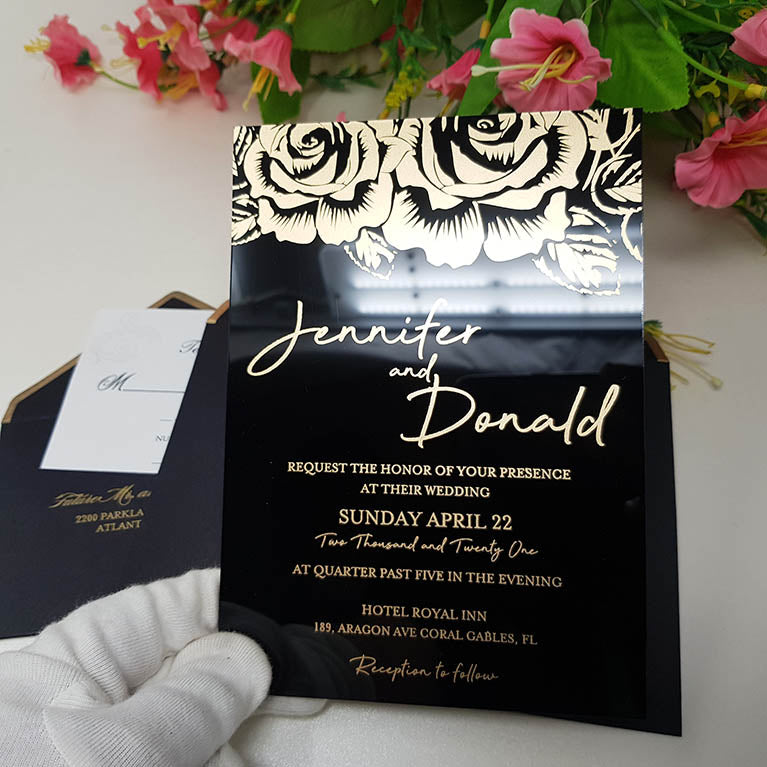 Black Rigid Acrylic Wedding Invitation with Rose Designs