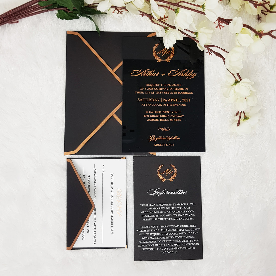 Black & Rose Gold Gorgeous Wedding Invitations with Vellum Wrap and Wax Seal