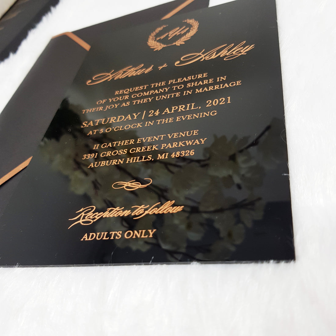 Rose Gold Foil Acrylic Wedding Invitation with Vellum Wrap, RSVP and F –  Indy Bee Crafts