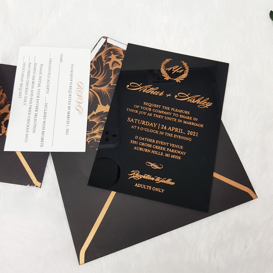 Rose gold acrylic wedding invitations, vellum wrap with watercolor flowers  WS230