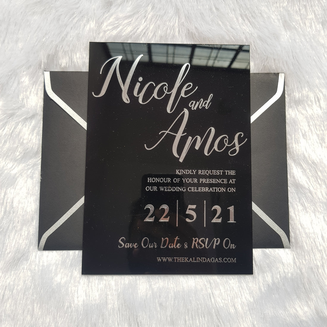 Black Acrylic Wedding Invitation with Real Silver Foil
