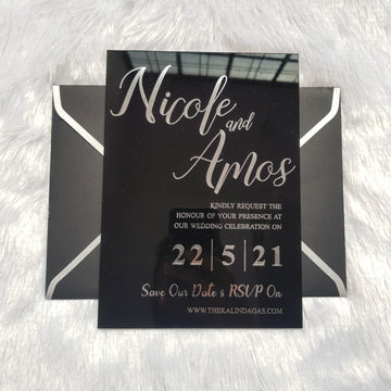 Black Acrylic Wedding Invitation with Real Silver Foil