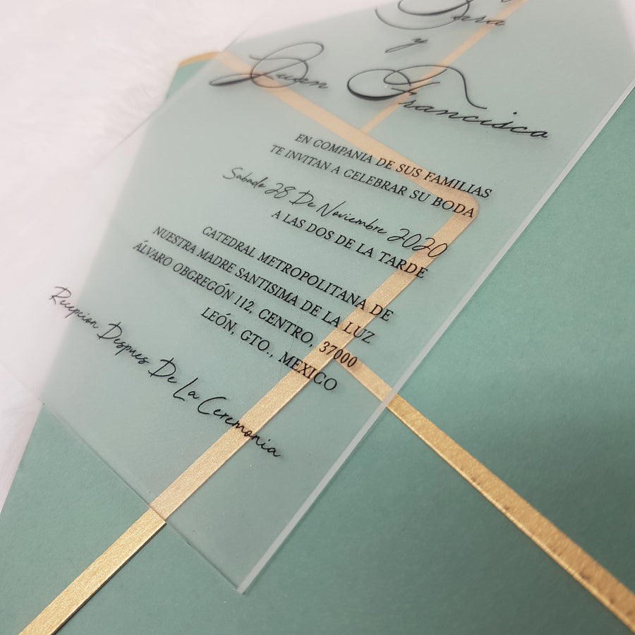 Frosted Acrylic Wedding Invitations with Black Ink and Saga Green Envelopes