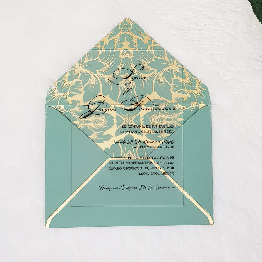 Frosted Acrylic Wedding Invitations with Black Ink and Saga Green Envelopes