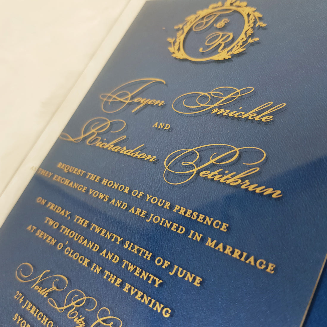 Luxury Clear and Gold Wedding Invitation with Blue Envelopes