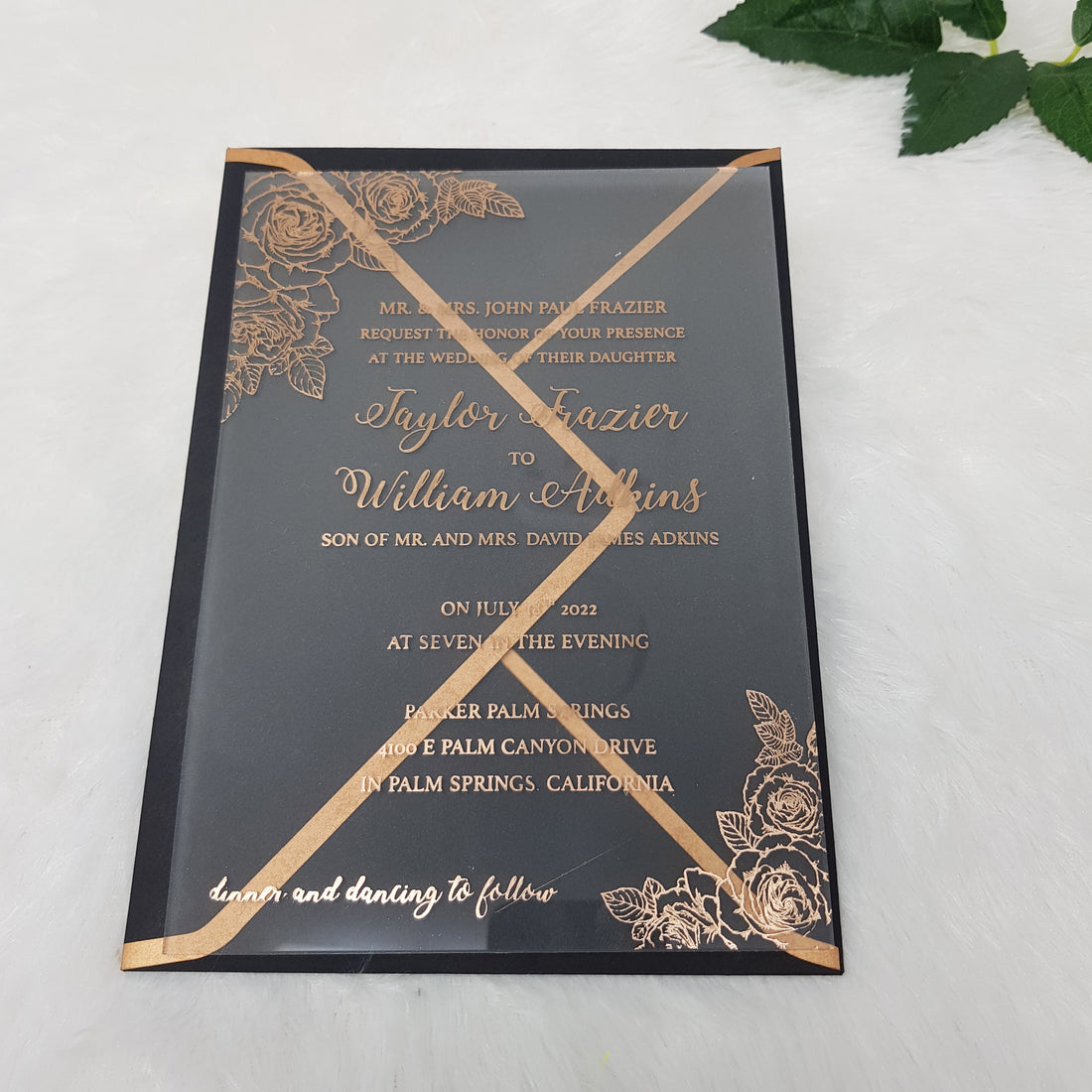 Rose Design Black Rigid Acrylic Wedding Invitation