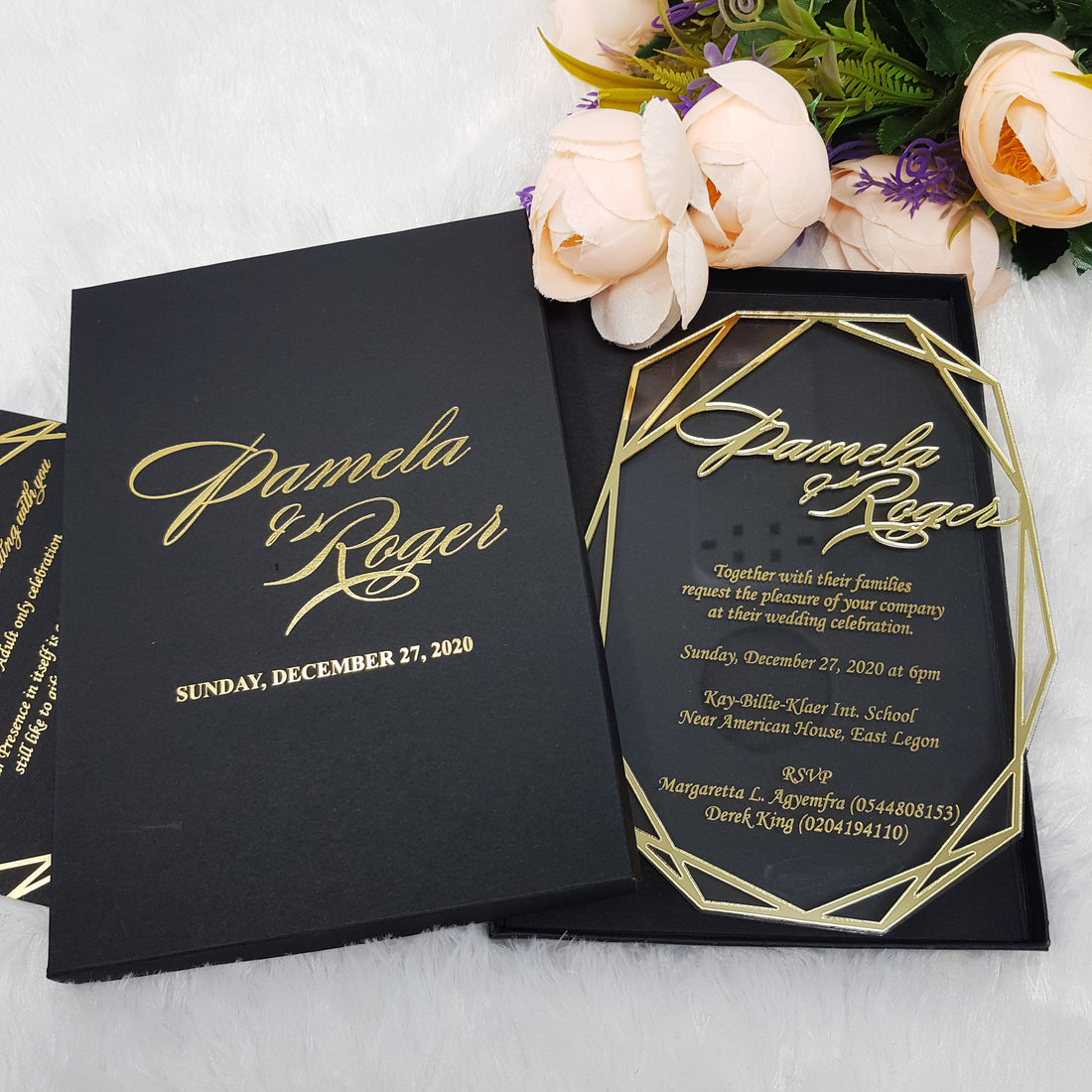 Elegant Luxury Black Acrylic Wedding Invitation with Gold Border and Shaped  Corners EWIA135