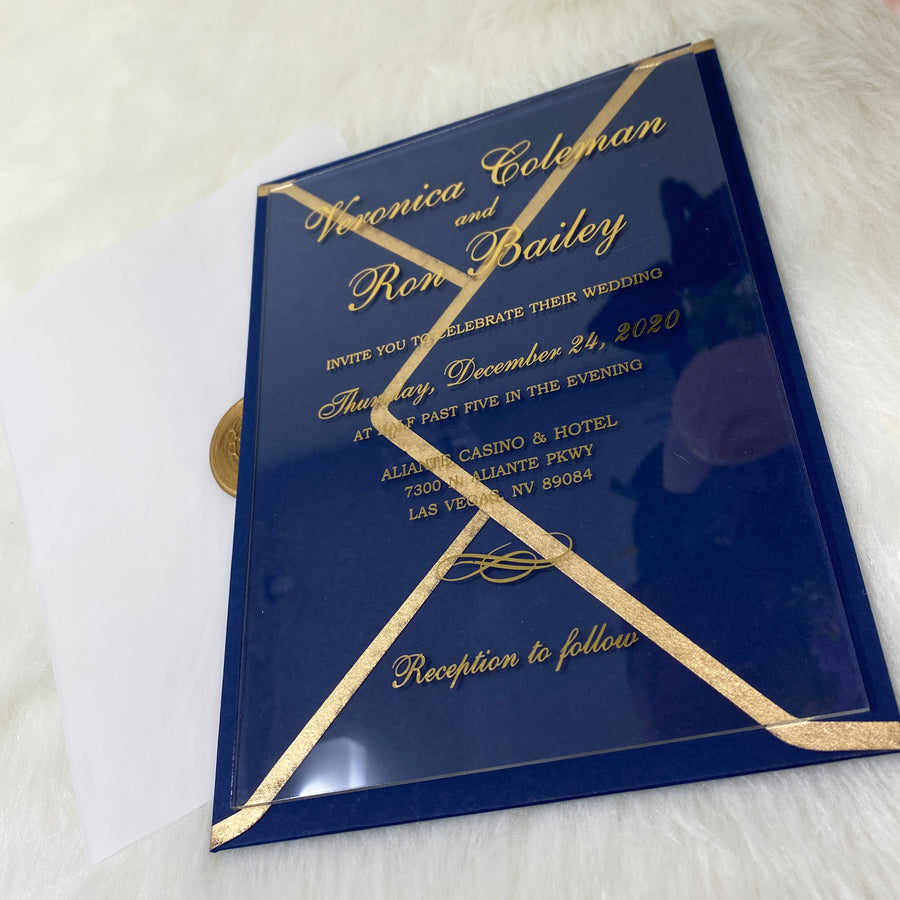 Custom Clear Acrylic Wedding Invitation with Navy Envelopes, Wrapped in Vellum Paper with a Vintage Gold Wax seal, Wedding Invitations