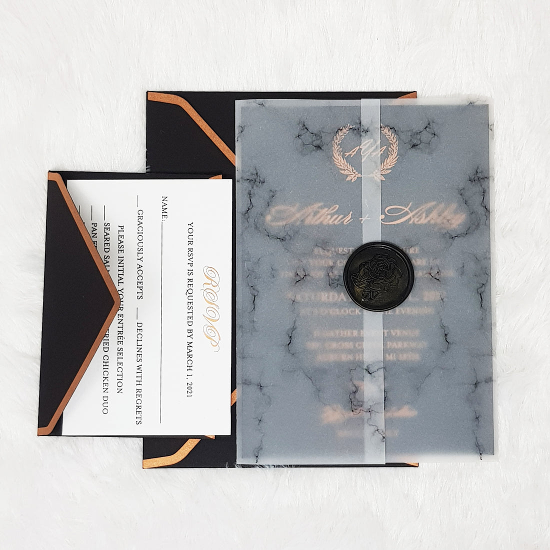 Rose Gold Foil Acrylic Wedding Invitation with Vellum Wrap, RSVP and F –  Indy Bee Crafts