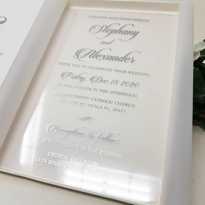 White & Silver Boxed Acrylic Wedding Invitation