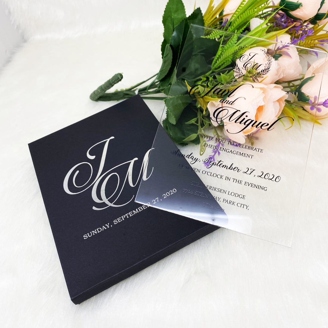 Clear Acrylic Invite with Blank Box, Hebrew Personalized Plexiglass Cards,  Black and Pink, Wedding Invitation, 10Pcs