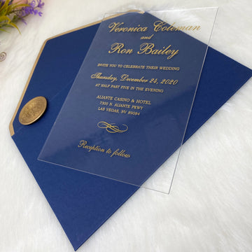 Silver Foil Printed Acrylic Wedding Invitation with Sapphire Blue Enve –  World of Wedding Co.