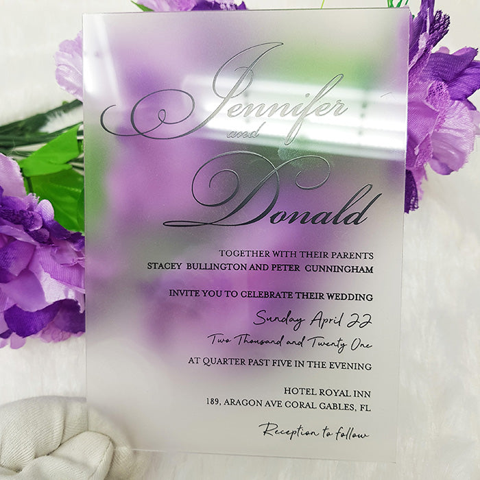 Elegant Acrylic Wedding Invitation with Silver Foil Letters and Pink E –  World of Wedding Co.