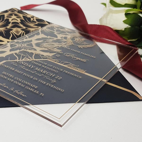 Modern Clear Rigid Wedding Acrylic Invitation with Gold Ink