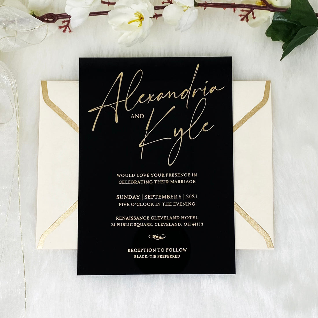 Rose Design Black Rigid Acrylic Wedding Invitation