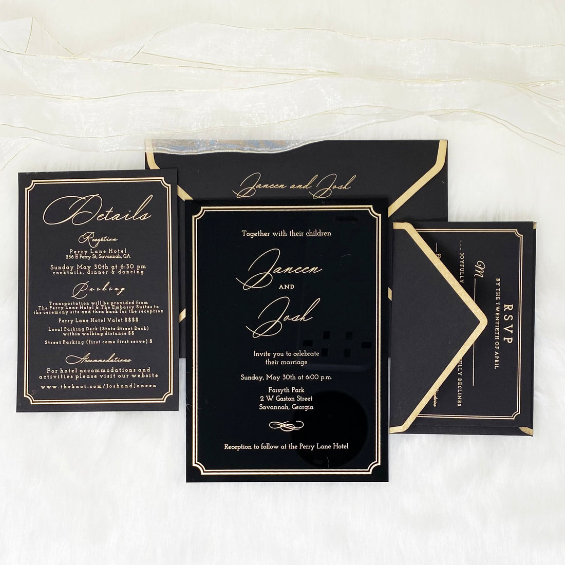 Golden Border Black Plexiglass Wedding Invitation YWI-7006