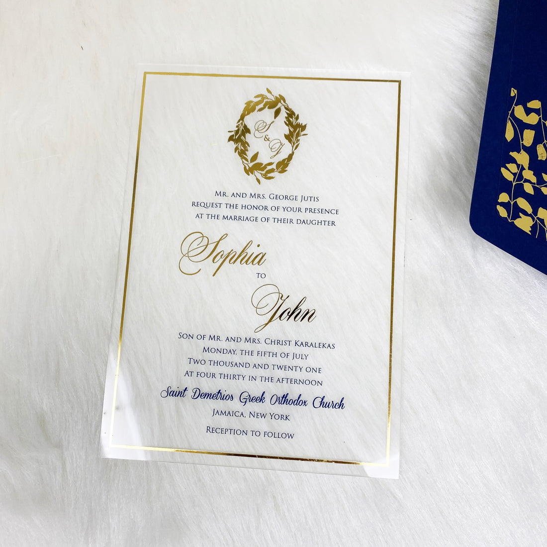 Frosted Invitation with Gold Foil an Navy Writing YWI-7002