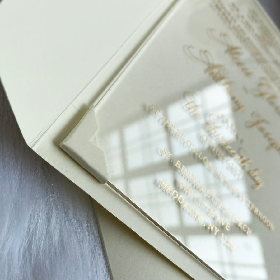 Ivory & Gold Pocket Fold Plexiglass Invitation YWI-7007
