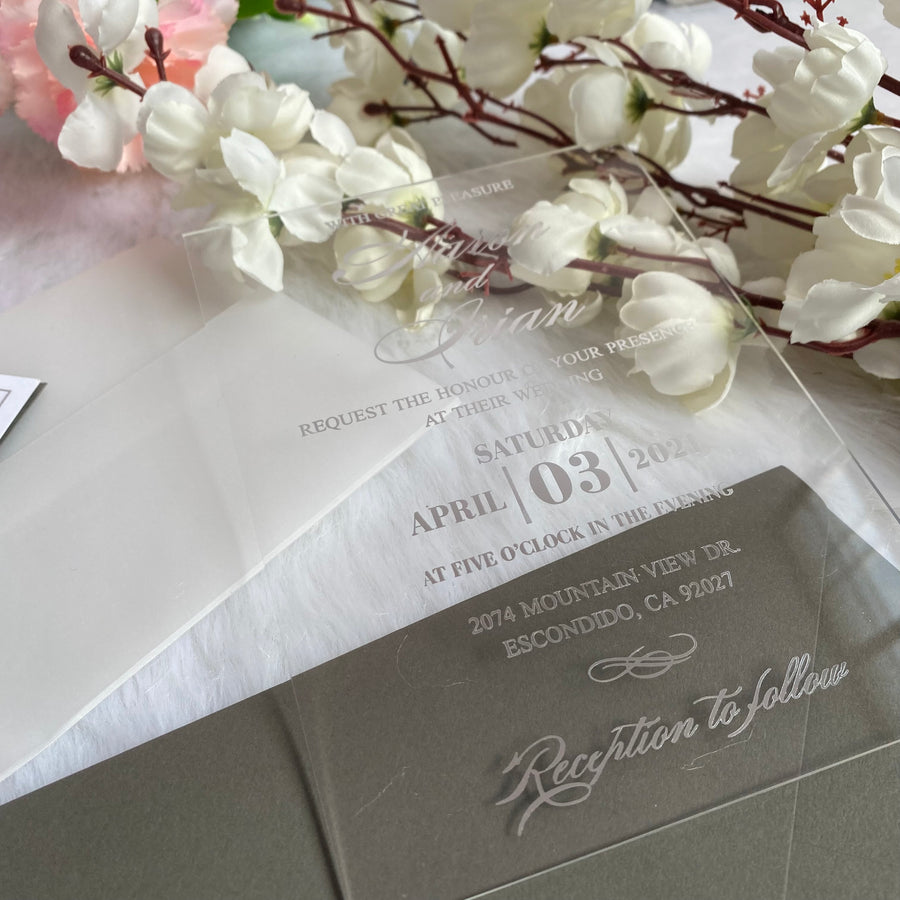 Modern Clear Plexi Glass Invitation with Silver Foil Print & Gray Envelopes YWI-7009