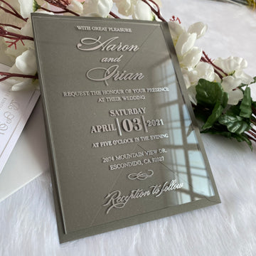 Modern Clear Plexi Glass Invitation with Silver Foil Print & Gray Envelopes YWI-7009