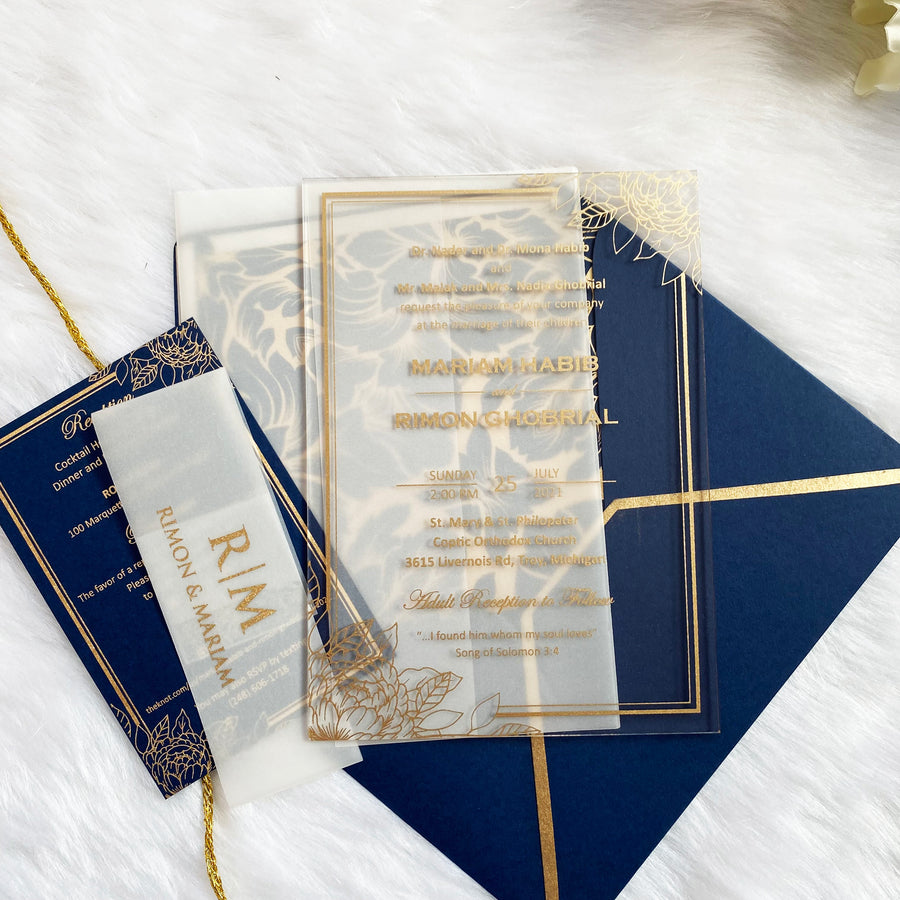 Luxury Vellum Bally Band Invitation | Clear Invite with Gold Ink YWI-7011