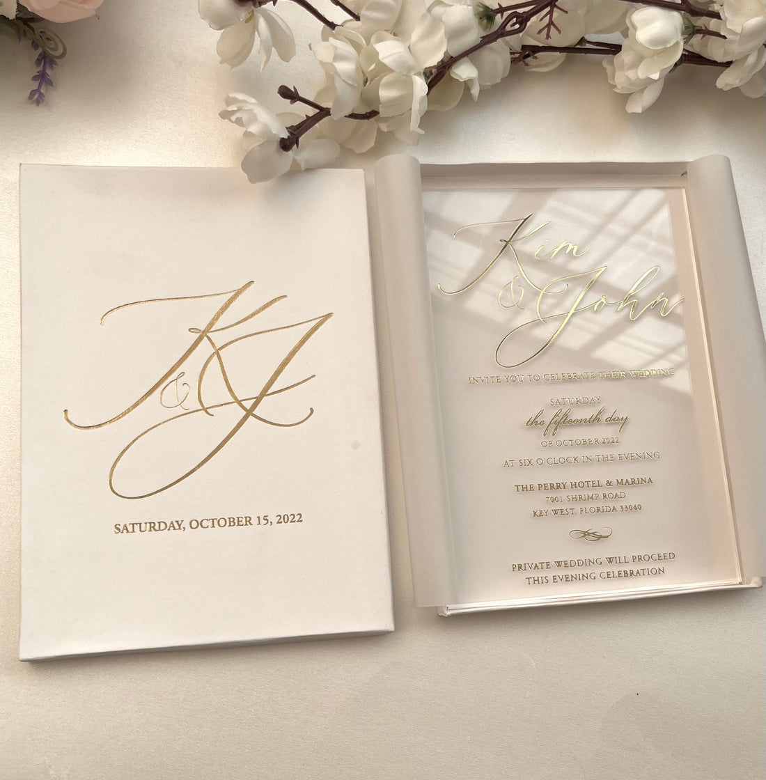 Luxury Unique Boxed Wedding Invitation, Elegant Acrylic invitation, Real Gold Foil, Calligraphy