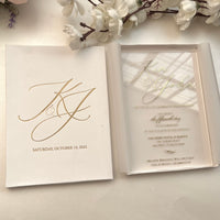 Luxury Unique Boxed Wedding Invitation, Elegant Acrylic invitation, Real Gold Foil, Calligraphy