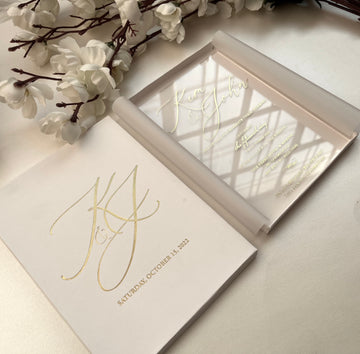 Luxury Unique Boxed Wedding Invitation, Elegant Acrylic invitation, Real Gold Foil, Calligraphy